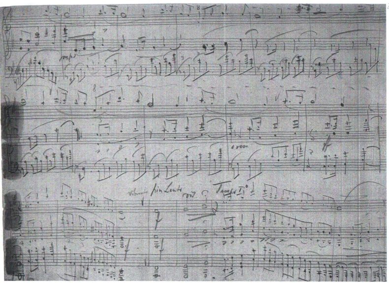 Pagina dal manoscritto della Sonata per violino e pianoforte scritta da Hermann Gürtler a Gries, Bolzano