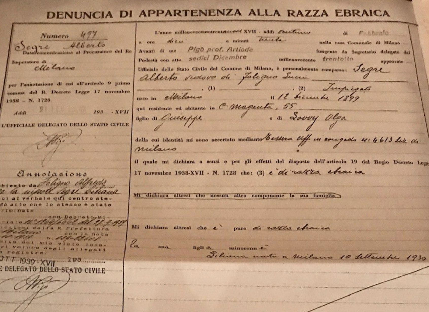 “Alberto Segre, di razza ebraica”